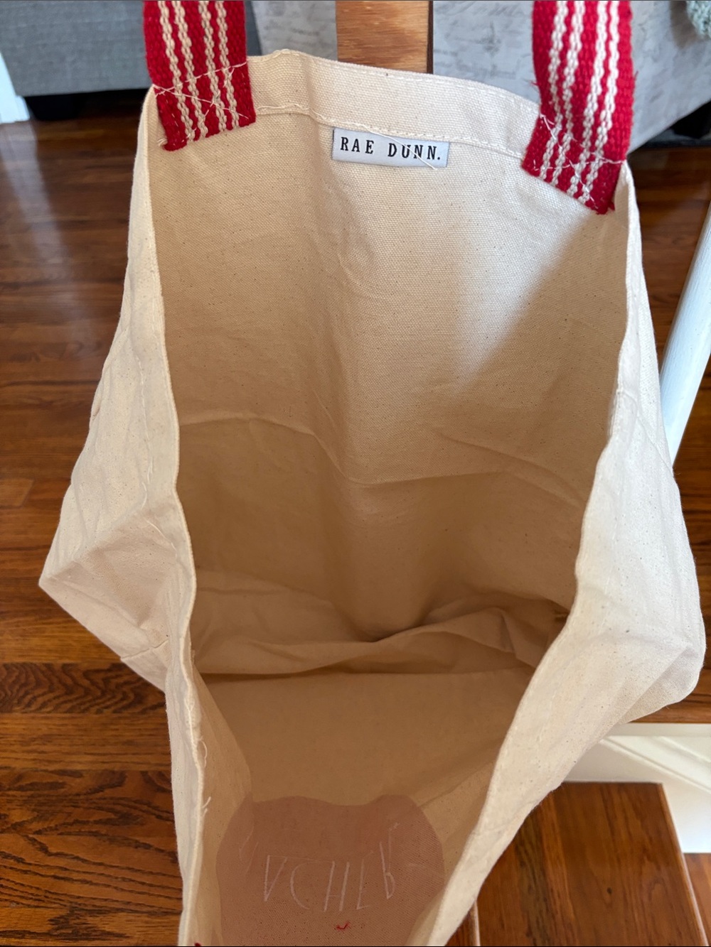 Rae Dunn Cream Canvas Tote with Red Apple Graphic and Red Striped Handles - Picture 5 of 5